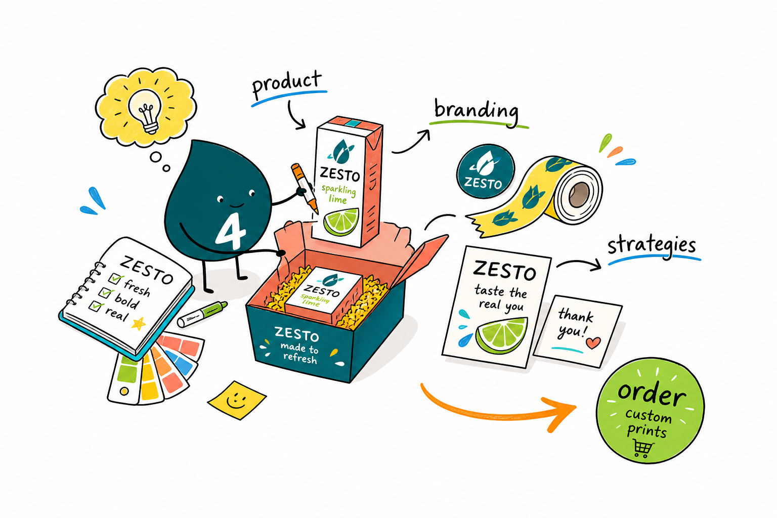 Wally from 4OVER4 mapping a product branding strategy from name to identity to printed packaging labels and sleeves
