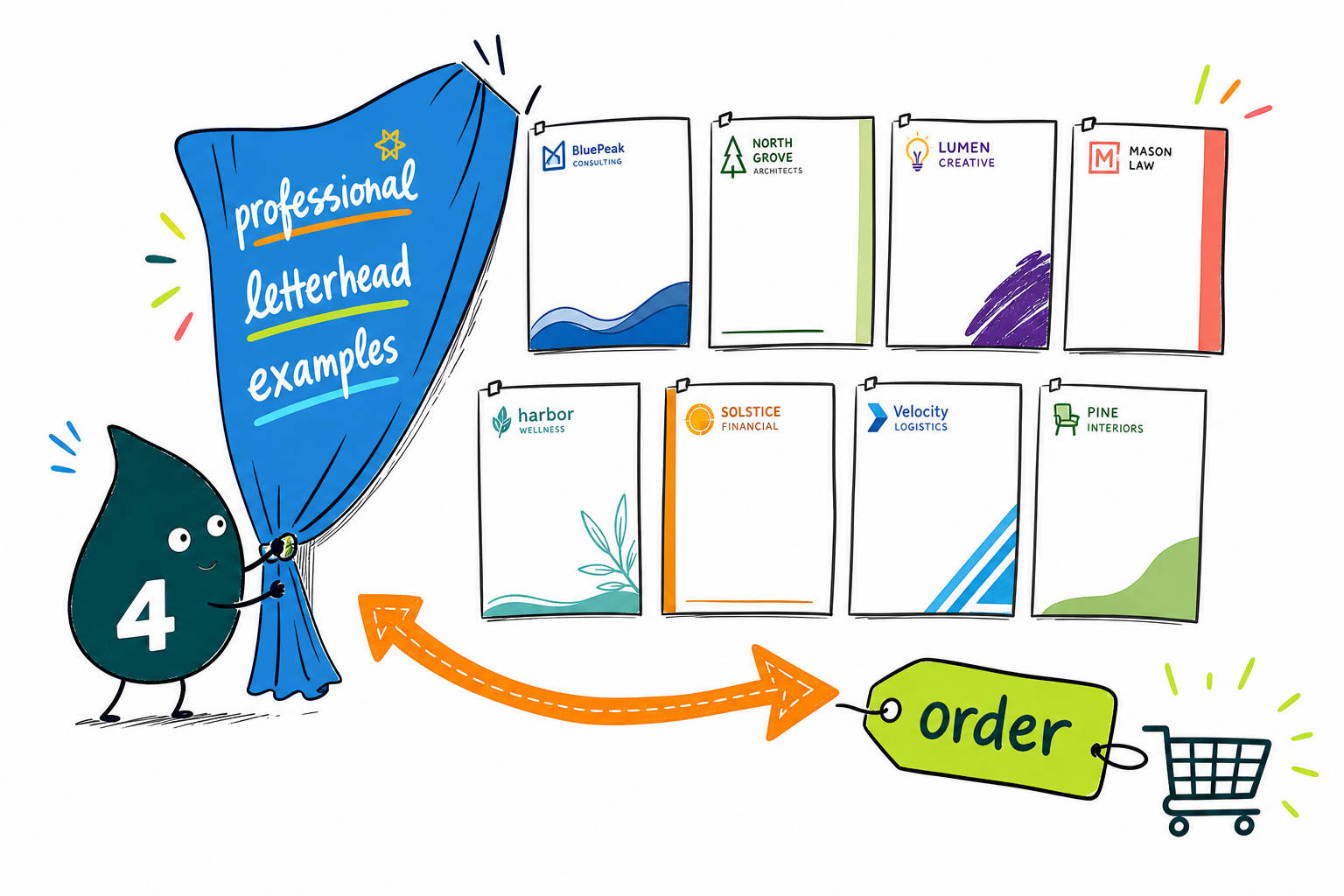 Wally the 4OVER4 mascot presenting a professional letterhead with a clean branded header, safe margins, and a footer, ready for a business letter