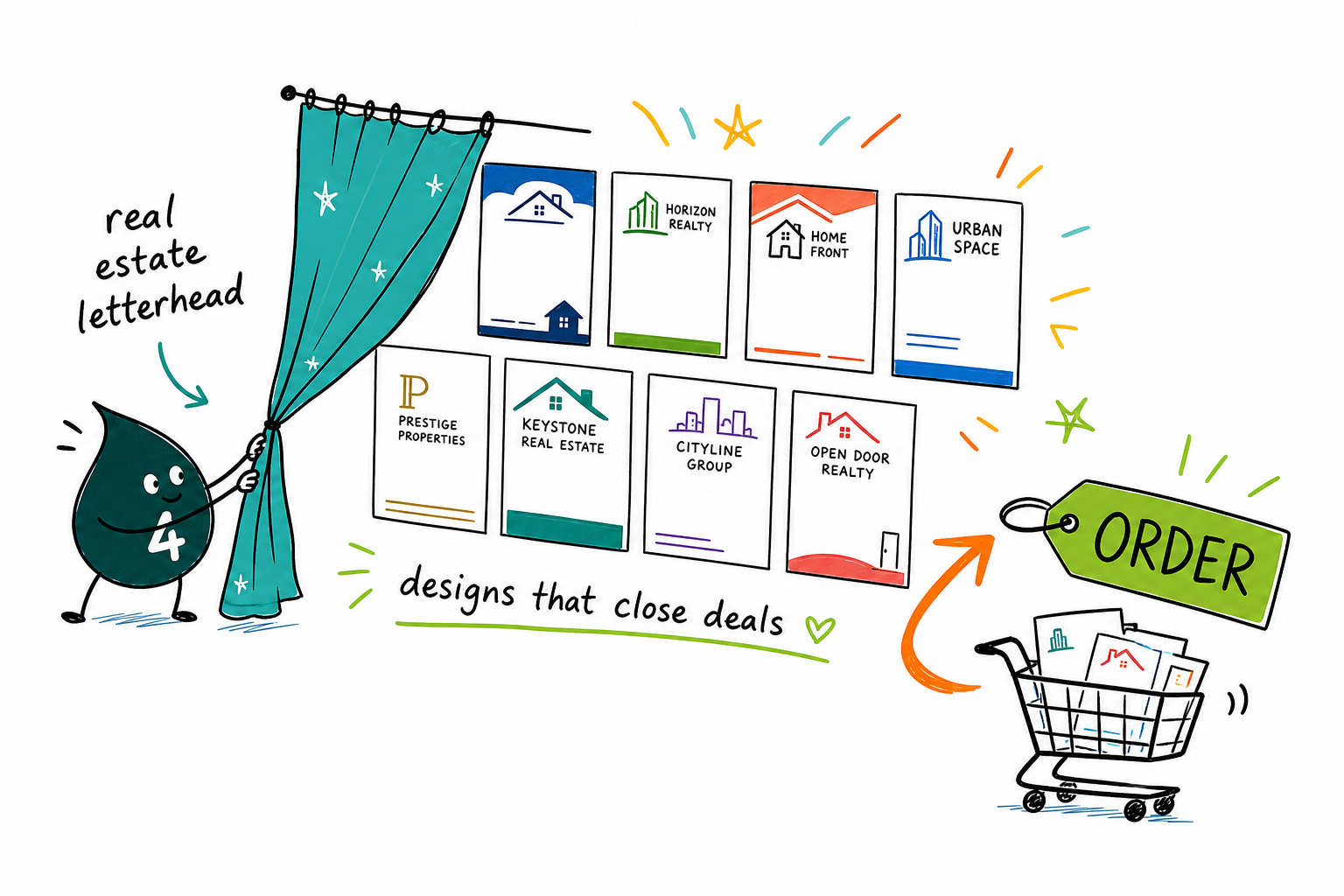 Wally the 4OVER4 mascot printing a real estate letterhead with a brokerage logo, contact block, and license line