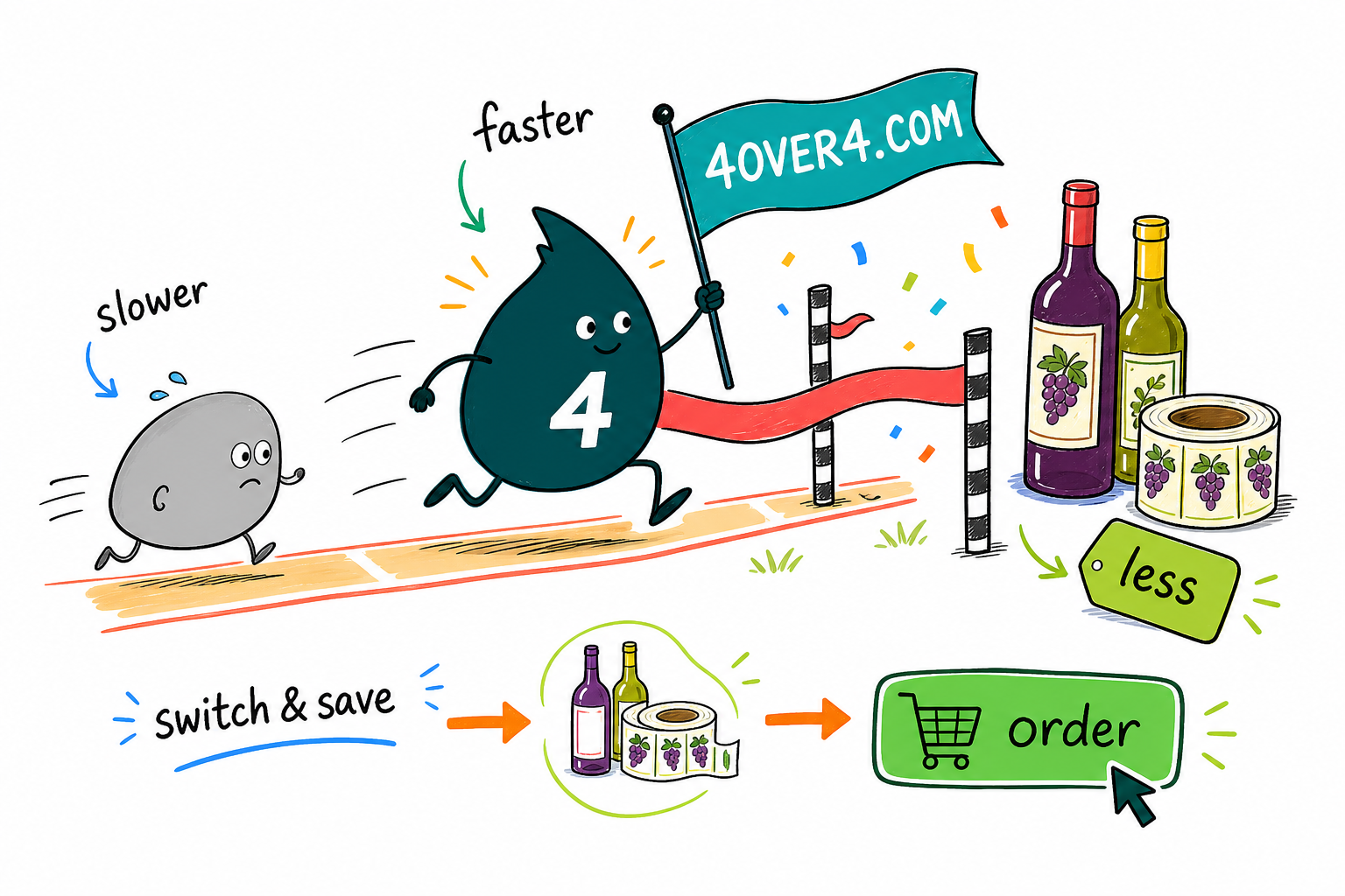 Wally the 4OVER4 mascot sprints past a grey competitor blob holding a beautifully labeled wine bottle high at the finish ribbon, 4OVER4.COM the clear winner on wine labels