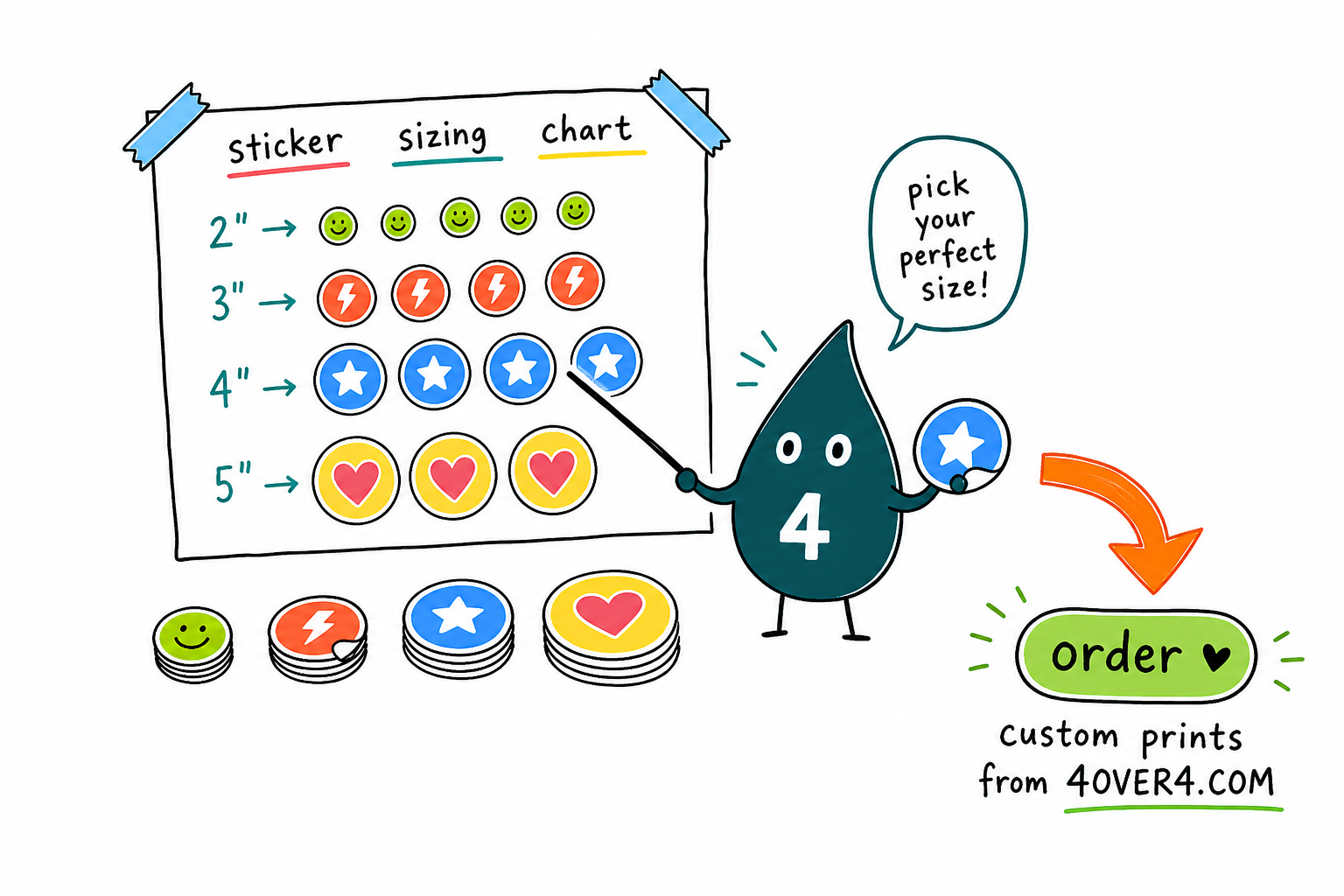 Wally from 4OVER4 matching stickers to a laptop, water bottle, and jar with a sizing chart