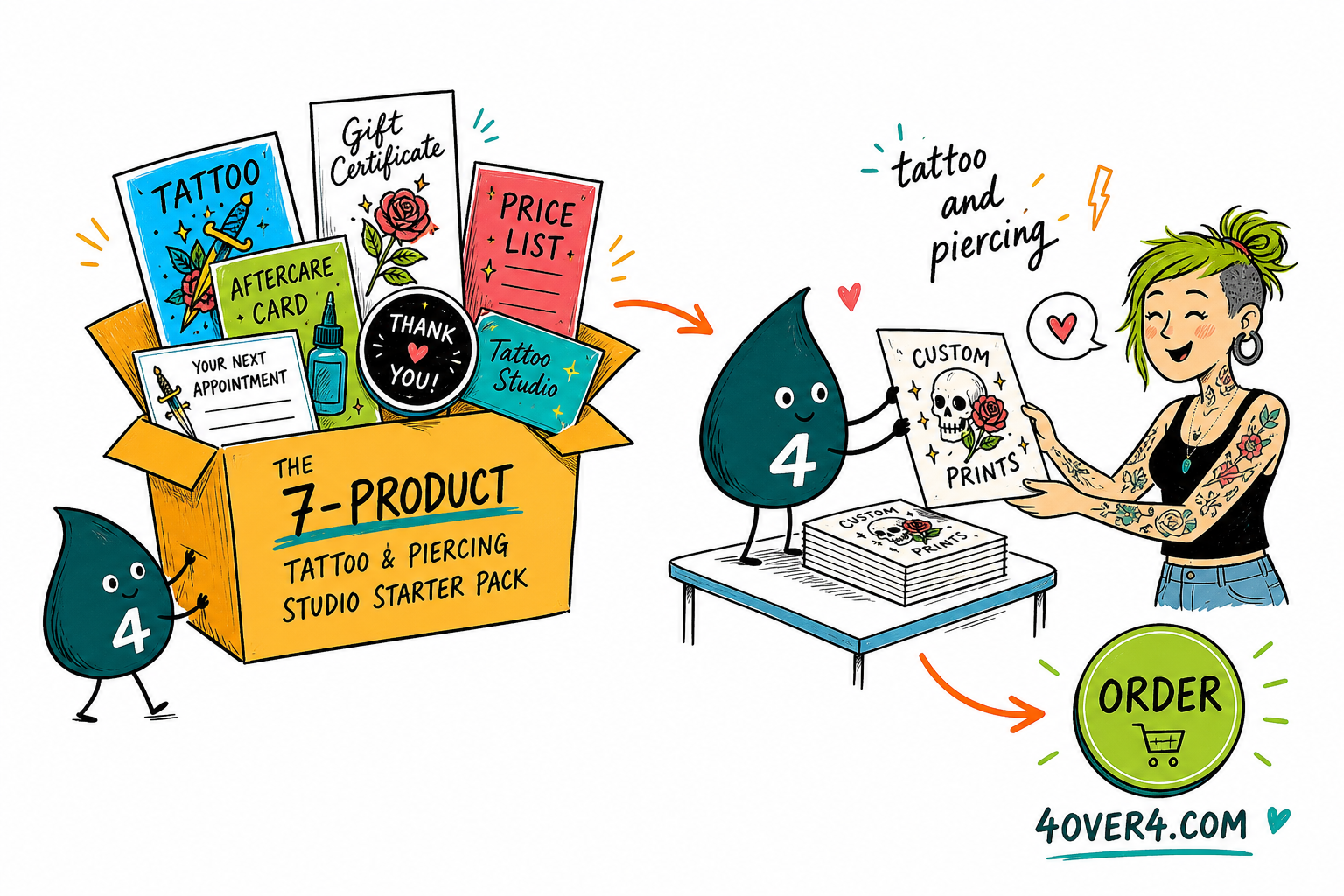 Wally, the 4OVER4 mascot holding a 4, arranging tattoo business cards, flash posters, stickers, and a consent form as one matching studio set