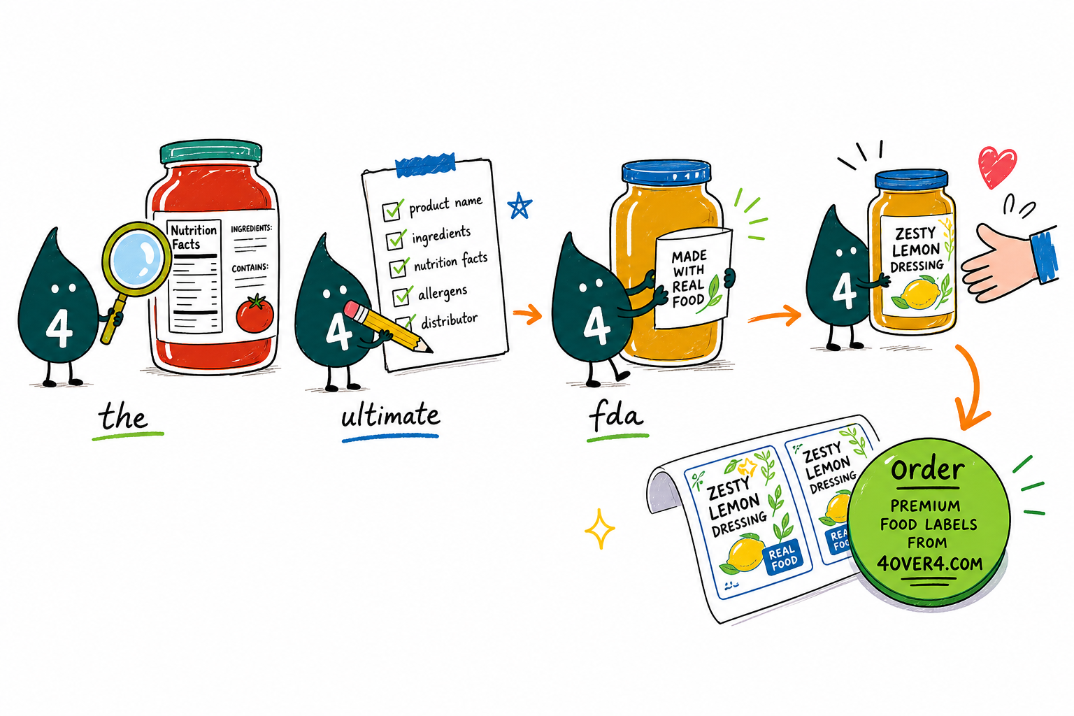 Wally, the 4OVER4 mascot with a 4, holding a food jar and pointing to the net weight and Nutrition Facts on its label