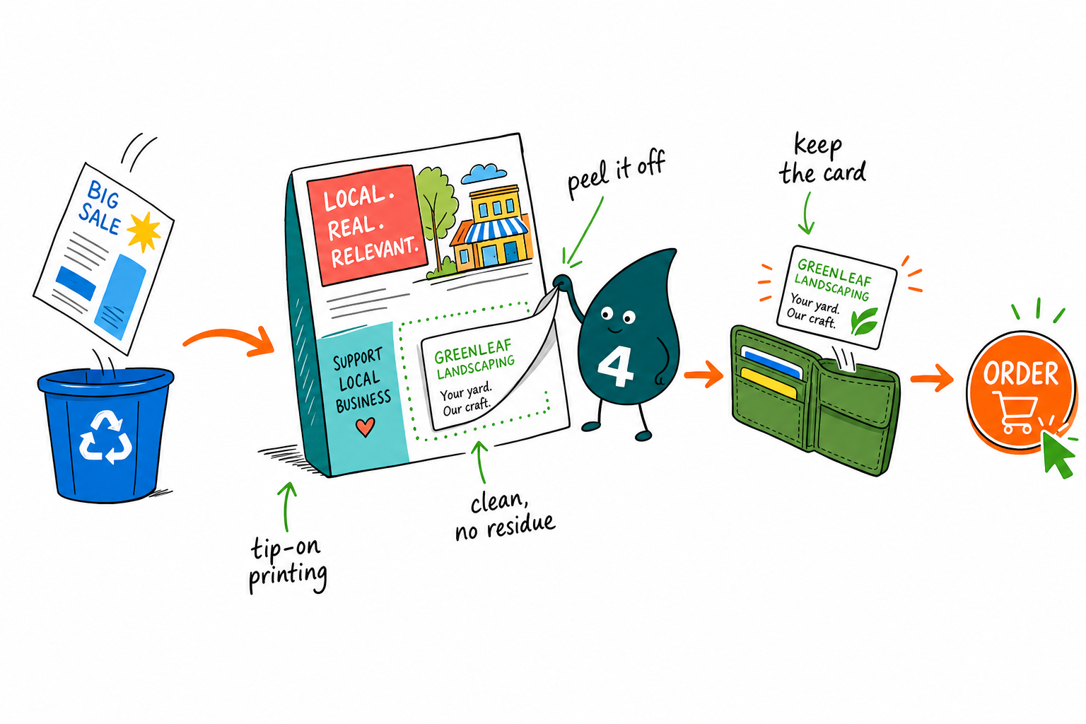 Wally from 4OVER4 peels a tipped-on business card off a direct mail brochure to show the clean, residue-free bond