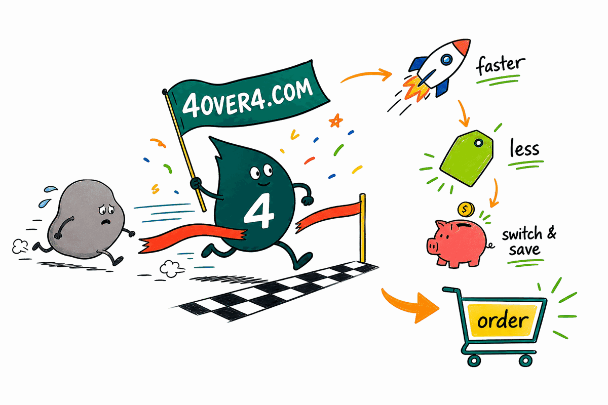 Wally the 4OVER4 mascot races a delivery box across the finish line first as 4OVER4.COM outprints UPrinting on shipping speed, free delivery, and better landed value, the clear winner