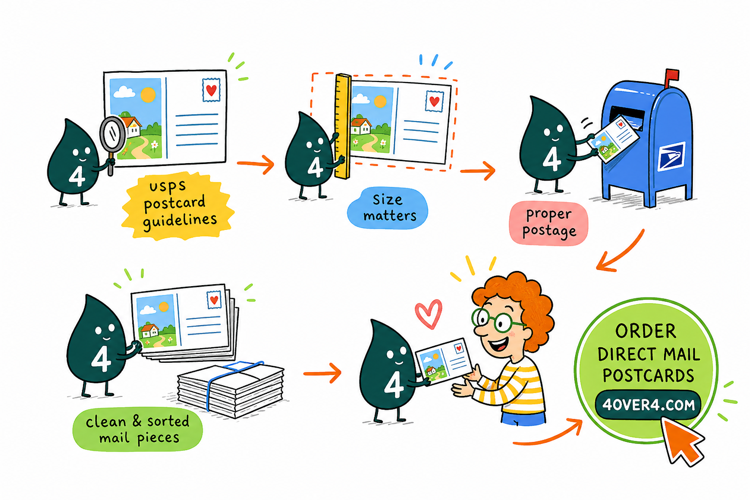 Wally, the 4OVER4 mascot with a 4, measuring a postcard and pointing to the barcode clear zone so it mails at the postcard rate