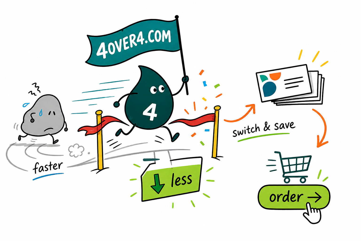 Wally and 4OVER4.COM outprice Vistaprint on business cards, the winner with factory-direct pricing and a 110% price match, sprinting past a slow grey Vistaprint blob toward a finish ribbon holding a smaller price tag