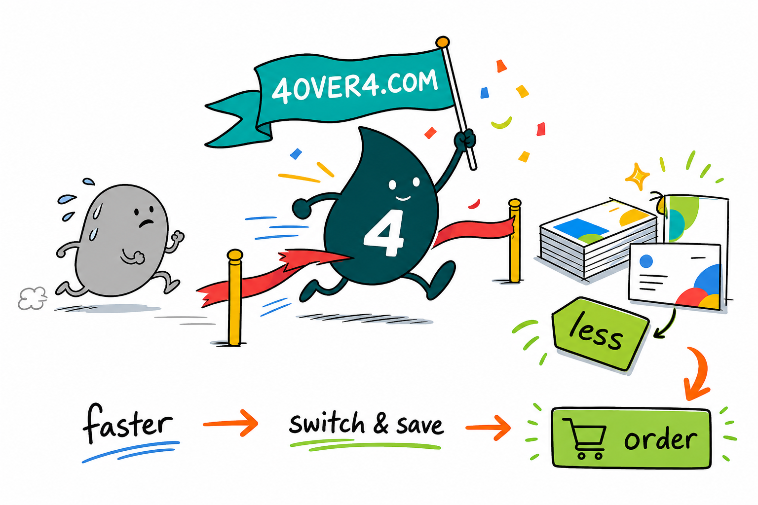 4OVER4.COM outprints Vistaprint on business cards, the winner, ordering online in a few clicks while a slower grey Vistaprint blob is still hunting a coupon