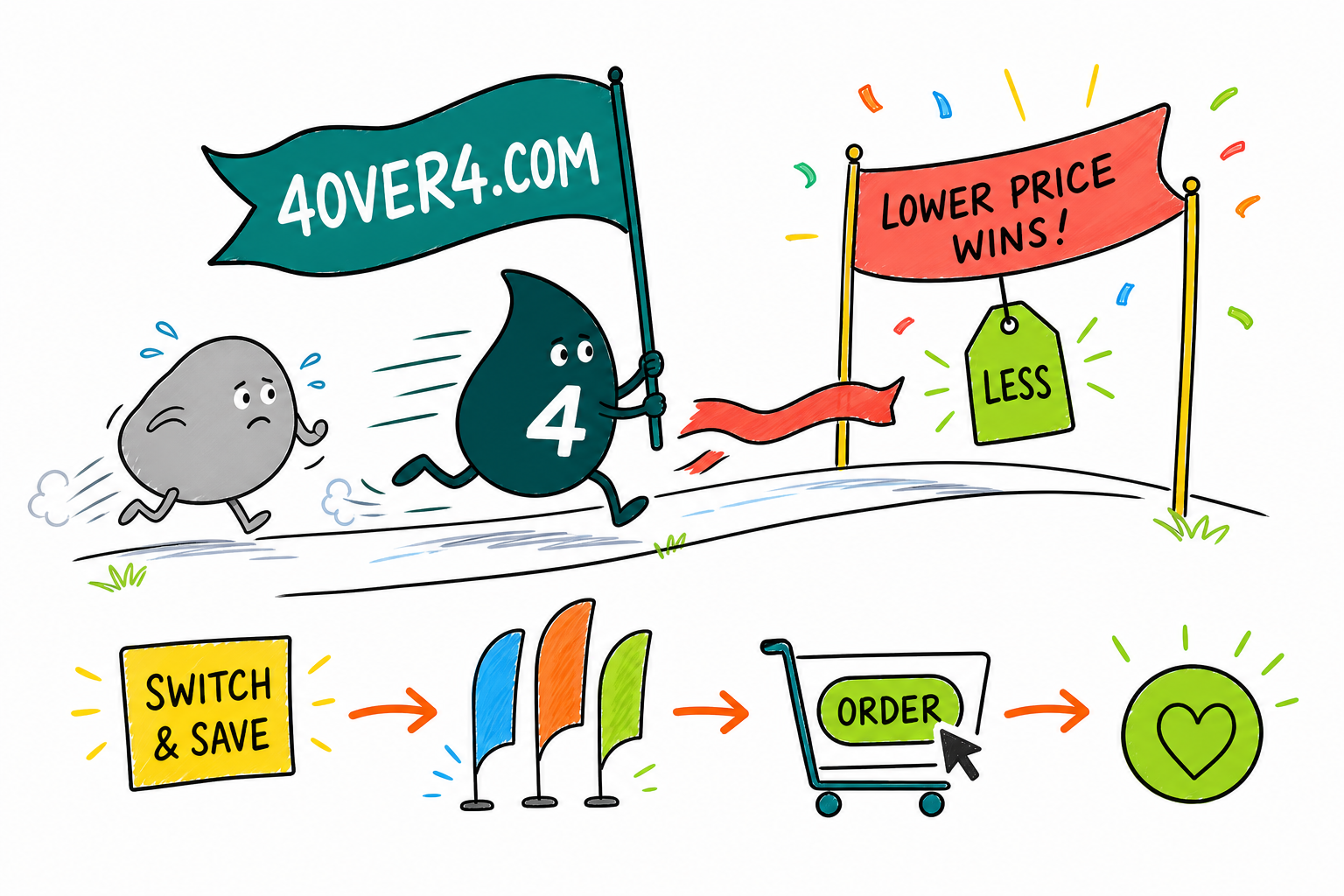 Wally the 4OVER4 mascot races ahead planting a tall custom feather flag with the 4OVER4.COM banner as 4OVER4.COM outprints the competition on flag shapes, hardware, and lot pricing
