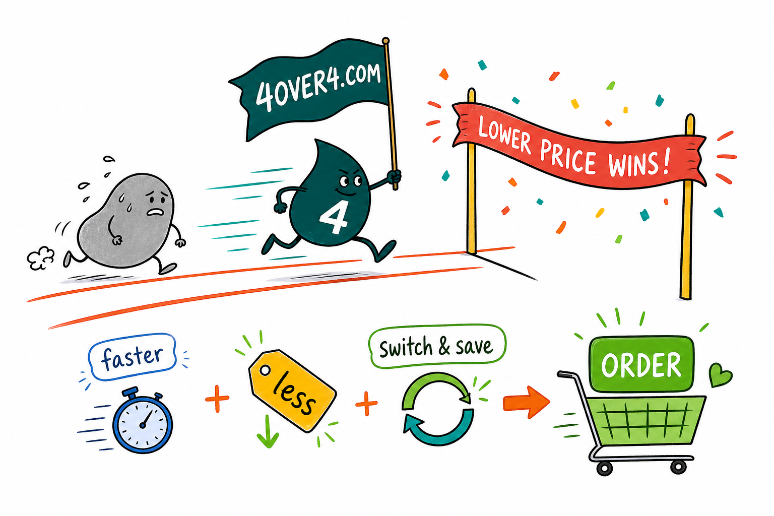 4OVER4.COM outprices the sale, the winner, Wally relaxing beside a steady low price tag while a grey competitor blob frantically chases flying coupon tickets