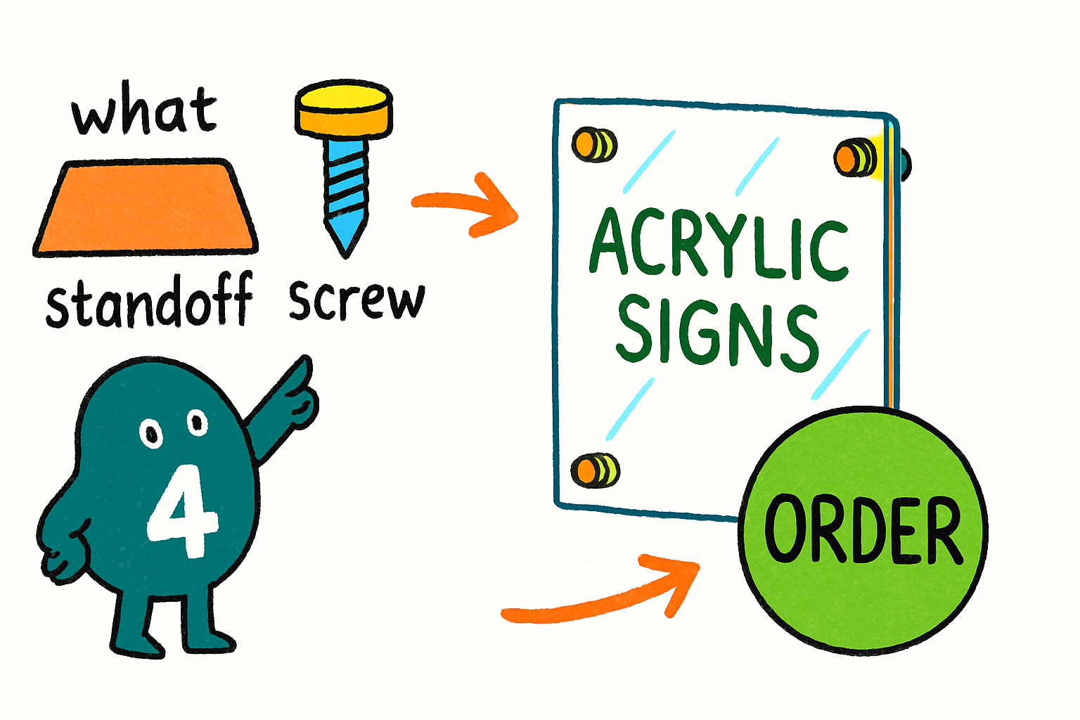 Wally, the 4OVER4 mascot with a 4, mounting an acrylic sign on standoff hardware so it floats off the wall