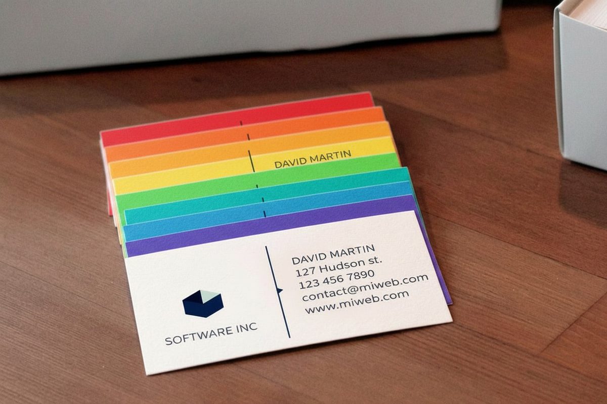 Full color Standard Business Cards printed by 4OVER4.COM in a fanned stack showing palette range